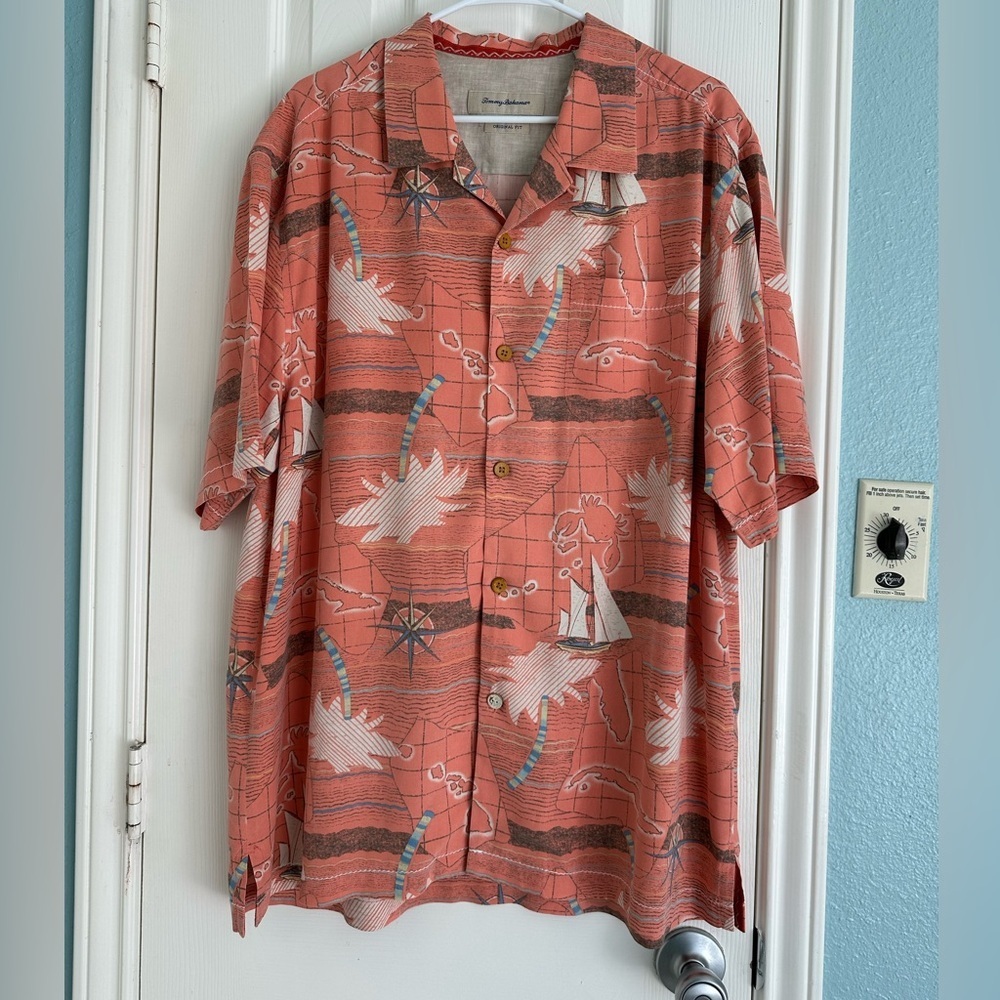 Vintage Tommy Bahama Shirt 100% Silk Sz XL Hawaiian Coral Palm Trees Print S/S